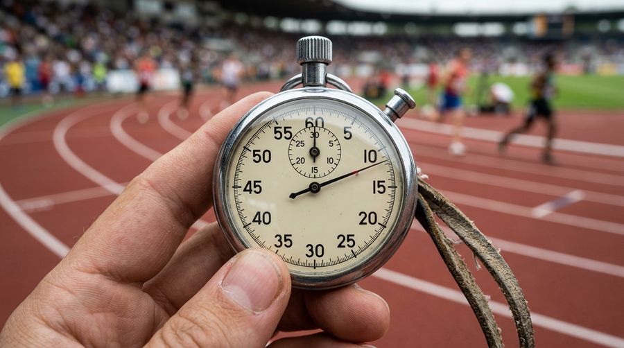 Vintage analog stopwatch with blurred running track